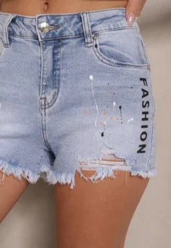Niebieskie Jeansowe Szorty High Waist z Ozdobnymi Przetarciami Tellass