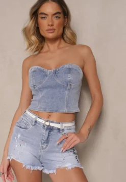 Niebieskie Jeansowe Szorty High Waist z Ozdobnymi Przetarciami Tellass
