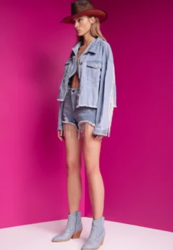 Niebieskie Jeansowe Szorty z Bawełny High Waist Wykończone Cyrkoniami i Przetarciami Tiamelba