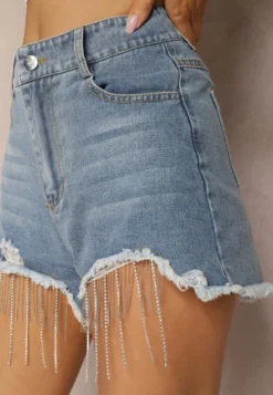 Niebieskie Jeansowe Szorty z Bawełny High Waist Wykończone Cyrkoniami i Przetarciami Tiamelba