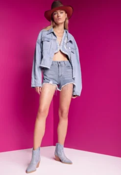 Niebieskie Jeansowe Szorty z Bawełny High Waist Wykończone Cyrkoniami i Przetarciami Tiamelba
