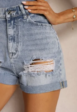 Niebieskie Jeansowe Szorty z Bawełny High Waist z Dziurami Quolia
