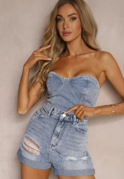 Niebieskie Jeansowe Szorty z Bawełny High Waist z Dziurami Quolia