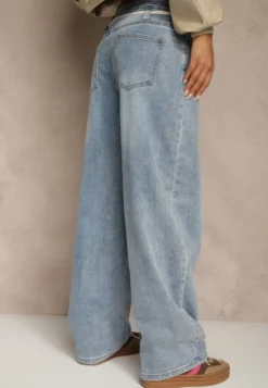 Niebieskie Jeansy Balloon Regular Waist z Ozdobnym Wiązaniem Daemora