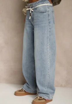 Niebieskie Jeansy Balloon Regular Waist z Ozdobnym Wiązaniem Daemora