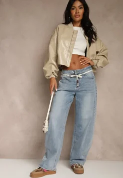 Niebieskie Jeansy Balloon Regular Waist z Ozdobnym Wiązaniem Daemora