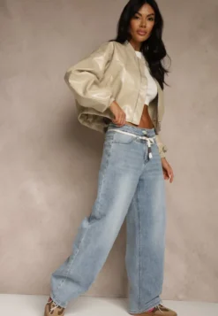 Niebieskie Jeansy Balloon Regular Waist z Ozdobnym Wiązaniem Daemora