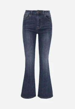 Niebieskie Jeansy Flare z Bawełną High Waist Ozdobione z Tyłu Klapami Penie