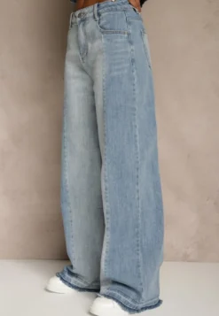Niebieskie Jeansy High Waist Wide Leg w Dwóch Odcieniach Denimu Carilvienne