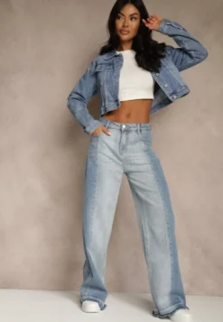 Niebieskie Jeansy High Waist Wide Leg w Dwóch Odcieniach Denimu Carilvienne