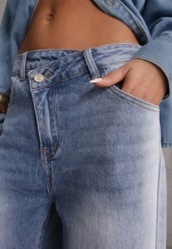 Niebieskie Jeansy High Waist Balloon z Bawełny z Asymetrycznym Zapięciem Myrea