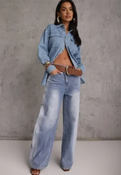 Niebieskie Jeansy High Waist Balloon z Bawełny z Asymetrycznym Zapięciem Myrea