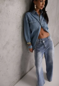 Niebieskie Jeansy High Waist Balloon z Bawełny z Asymetrycznym Zapięciem Myrea