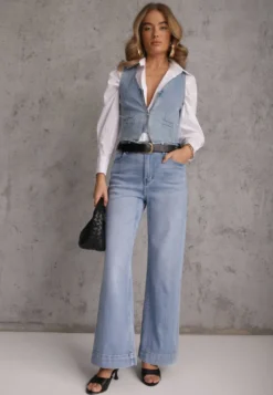 Niebieskie Jeansy High Waist Wide Leg z Bawełny Grynola
