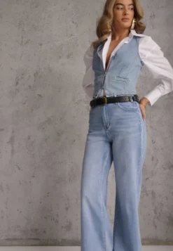 Niebieskie Jeansy High Waist Wide Leg z Bawełny Grynola
