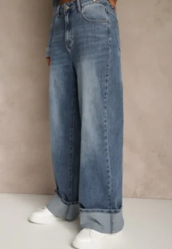 Niebieskie Jeansy High Waist Wide Leg z Podwiniętymi Nogawkami Nymthine