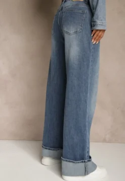 Niebieskie Jeansy High Waist Wide Leg z Podwiniętymi Nogawkami Nymthine