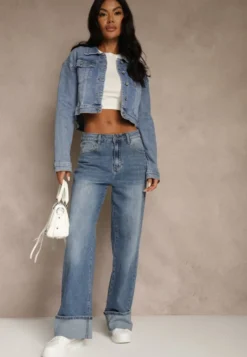 Niebieskie Jeansy High Waist Wide Leg z Podwiniętymi Nogawkami Nymthine