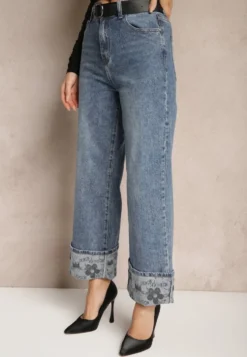 Niebieskie Jeansy High Waist z Szerokimi Nogawkami Ozdobnie Wywiniętymi z Paskiem Loroma
