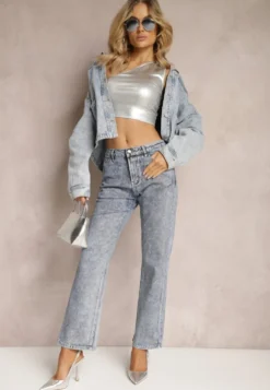 Niebieskie Jeansy Mom Fit z Błyszczącą Fakturą Vonea