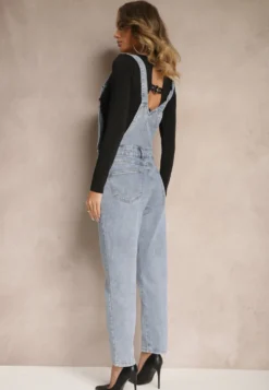 Niebieskie Jeansy Ogrodniczki High Waist z Bawełną Wykończone Guzikami Calliste
