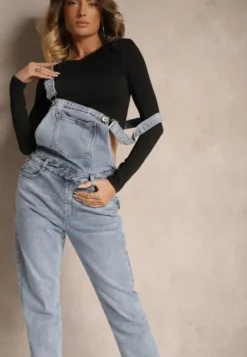 Niebieskie Jeansy Ogrodniczki High Waist z Bawełną Wykończone Guzikami Calliste
