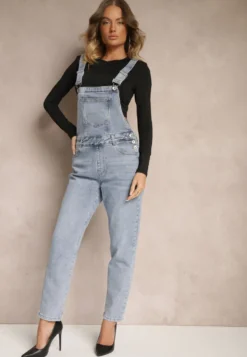Niebieskie Jeansy Ogrodniczki High Waist z Bawełną Wykończone Guzikami Calliste