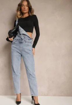 Niebieskie Jeansy Ogrodniczki High Waist z Bawełną Wykończone Guzikami Calliste