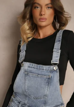 Niebieskie Jeansy Ogrodniczki High Waist z Bawełną Wykończone Guzikami Calliste
