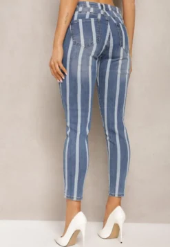 Niebieskie Jeansy Skinny Ozdobione Printem w Paski Klefiana