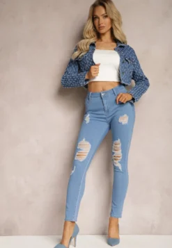 Niebieskie Jeansy Skinny Push-Up z Przetarciami z Przodu i Suwakiem Randda
