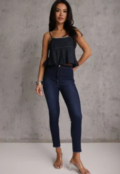 Niebieskie Jeansy Skinny z Postrzępionymi Krawędziami Janitha