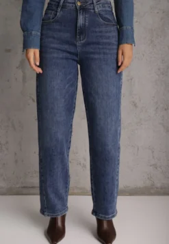Niebieskie Jeansy Slouchy High Waist z Dużą Zawartością Bawełny i Geometrycznymi Kieszeniami Keney