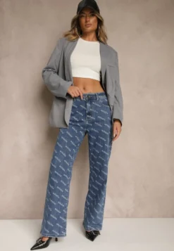 Niebieskie Jeansy Straight Leg High Waist Zdobione Printem Vilesse