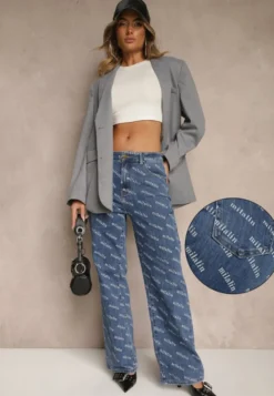 Niebieskie Jeansy Straight Leg High Waist Zdobione Printem Vilesse