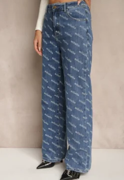 Niebieskie Jeansy Straight Leg High Waist Zdobione Printem Vilesse