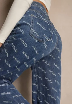 Niebieskie Jeansy Straight Leg High Waist Zdobione Printem Vilesse
