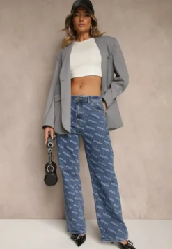 Niebieskie Jeansy Straight Leg High Waist Zdobione Printem Vilesse