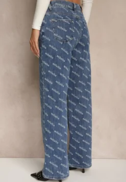 Niebieskie Jeansy Straight Leg High Waist Zdobione Printem Vilesse