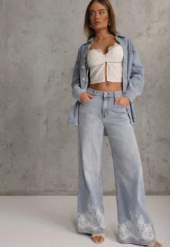 Niebieskie Jeansy Szerokie w Stylu Boho z Ozdobnym Nadrukiem na Nogawkach Endippe