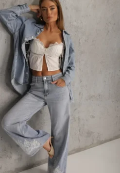 Niebieskie Jeansy Szerokie w Stylu Boho z Ozdobnym Nadrukiem na Nogawkach Endippe
