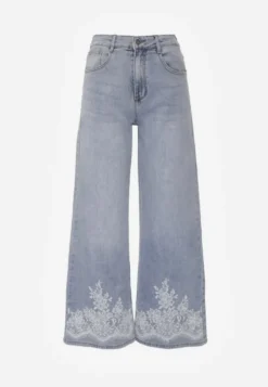 Niebieskie Jeansy Szerokie w Stylu Boho z Ozdobnym Nadrukiem na Nogawkach Endippe