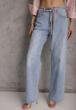 Niebieskie Jeansy Szerokie z Bawełną High Waist Ozdobione Wiązanym Sznurkiem Neviolla