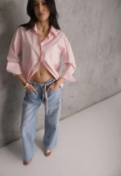 Niebieskie Jeansy Szerokie z Bawełną High Waist Ozdobione Wiązanym Sznurkiem Neviolla