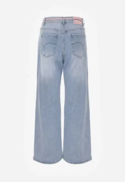 Niebieskie Jeansy Szerokie z Bawełną High Waist Ozdobione Wiązanym Sznurkiem Neviolla
