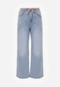 Niebieskie Jeansy Szerokie z Bawełną High Waist Ozdobione Wiązanym Sznurkiem Neviolla