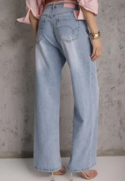 Niebieskie Jeansy Szerokie z Bawełną High Waist Ozdobione Wiązanym Sznurkiem Neviolla