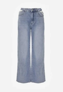Niebieskie Jeansy Szerokie z Bawełny High Waist Ozdobione Perełkami i Wycięciami Nenelsea