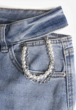 Niebieskie Jeansy Szerokie z Bawełny High Waist Ozdobione Perełkami i Wycięciami Nenelsea