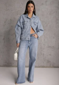 Niebieskie Jeansy Szerokie z Bawełny High Waist Ozdobione Perełkami i Wycięciami Nenelsea